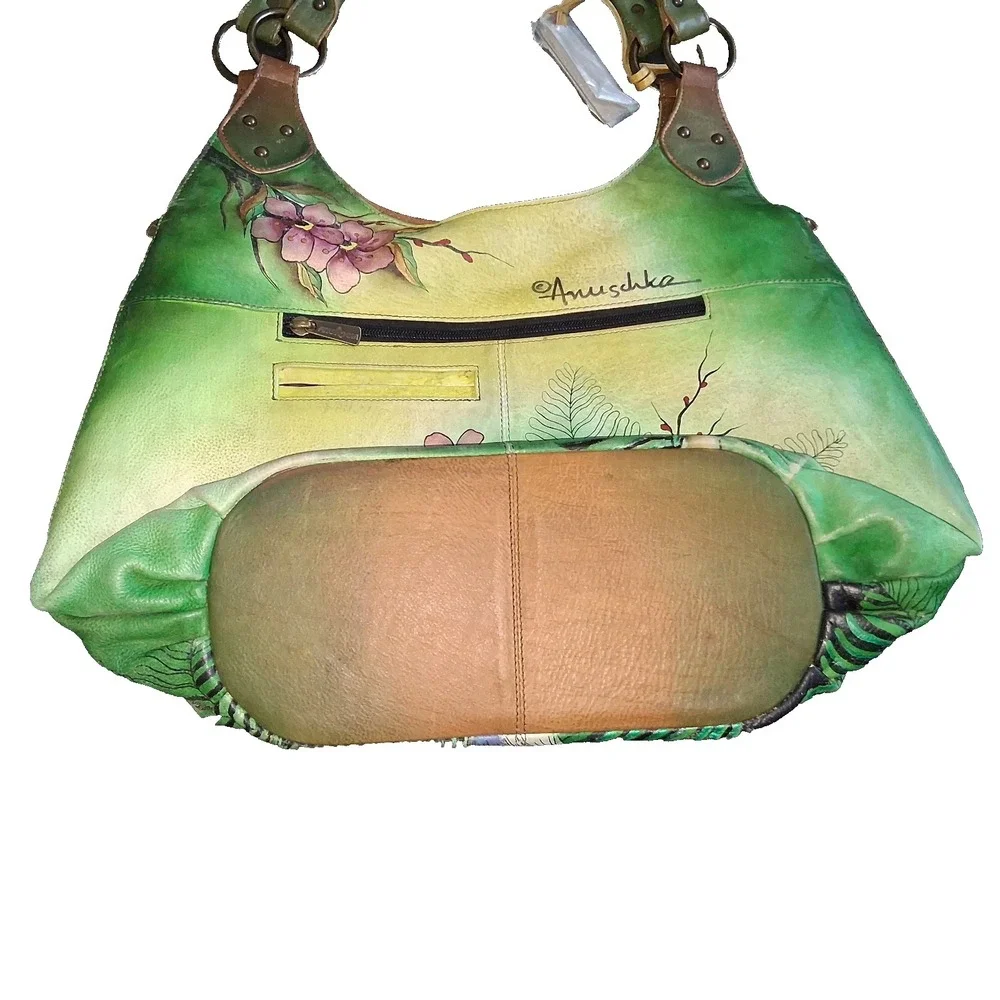 Anuschka Hand-Painted Leather Hobo Bag Peacocks Two sided Painting